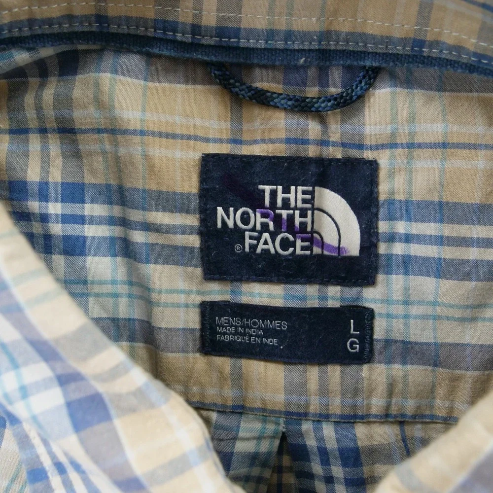 The North Face Shirt Mens Large Blue beige Plaid Short Sleeve Button Up Hiking